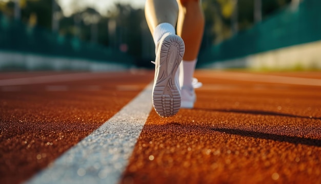 Atleta correndo na pista de corrida no estádio Close-up das pernas do atleta IA generativa