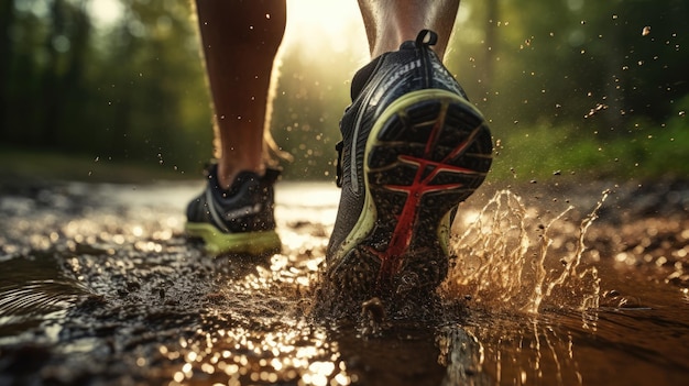 Atleta corriendo en barro actividad física zapatos para correr