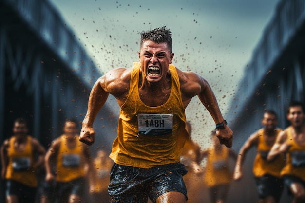 Atleta corriendo en una carrera en el fondo del estadio