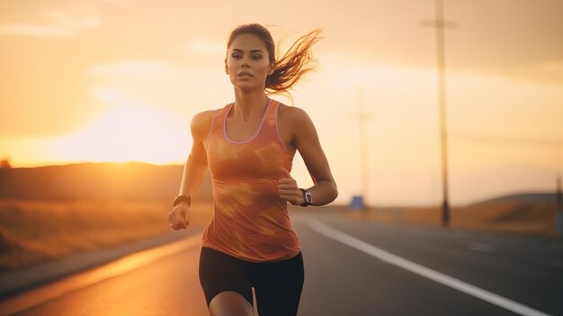 Foto atleta corriendo en la carretera al amanecer entrenando para maratón y fitness