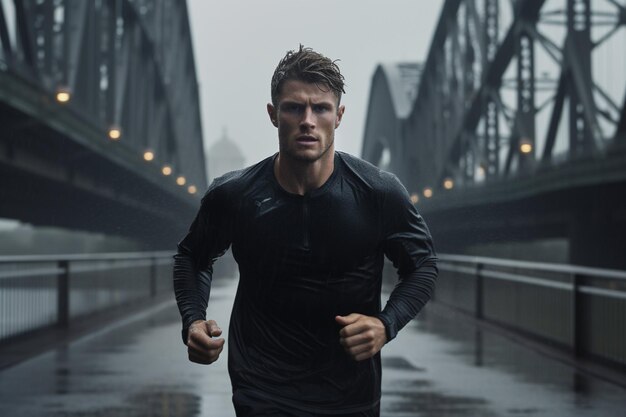 Atleta corriendo en una ciudad lluviosa