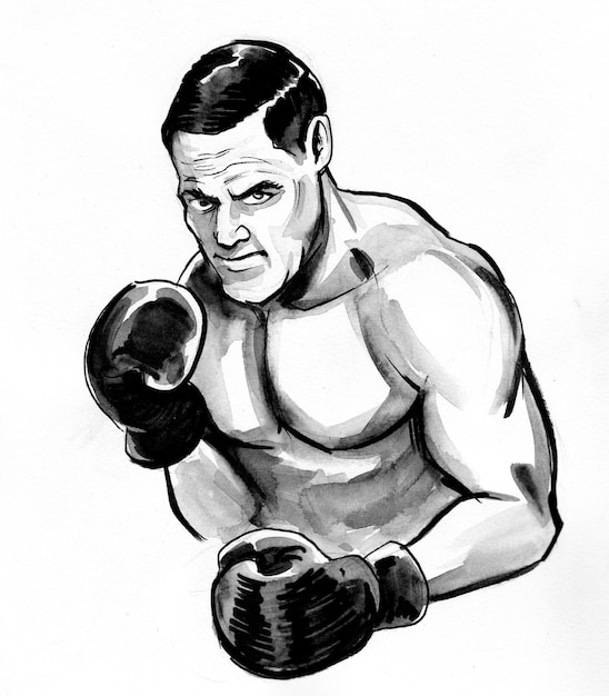 Atleta de boxe. Desenho de tinta preto e branco