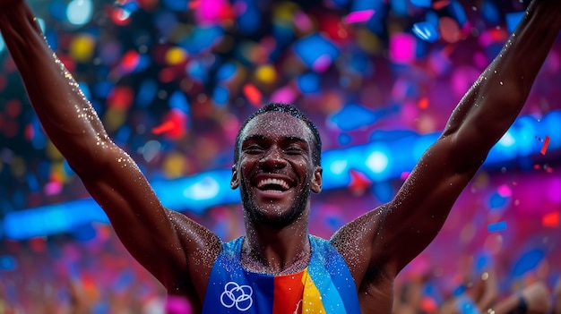 Atleta de elite comemorando a vitória em uma competição com os braços levantados e desfrutando do prêmio