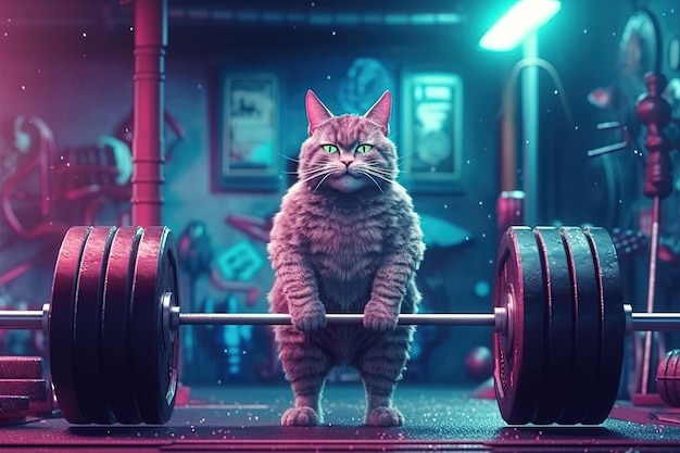 Atleta de gato musculoso levanta uma barra na academia durante o treinamento esportivo Ilustração de IA generativa