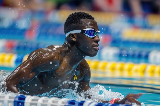 atleta de natação afro-americano em óculos de proteção na pista de piscina coberta em competições