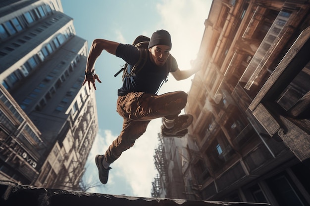 Atleta de parkour ousado saltando entre estruturas urbanas 00135 00