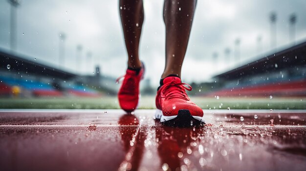 Atleta de pé em uma pista de corrida em todos os climas