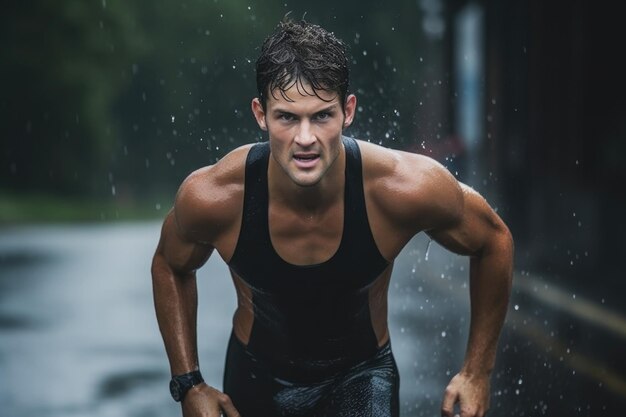 Atleta de triatlo focado correndo na chuva