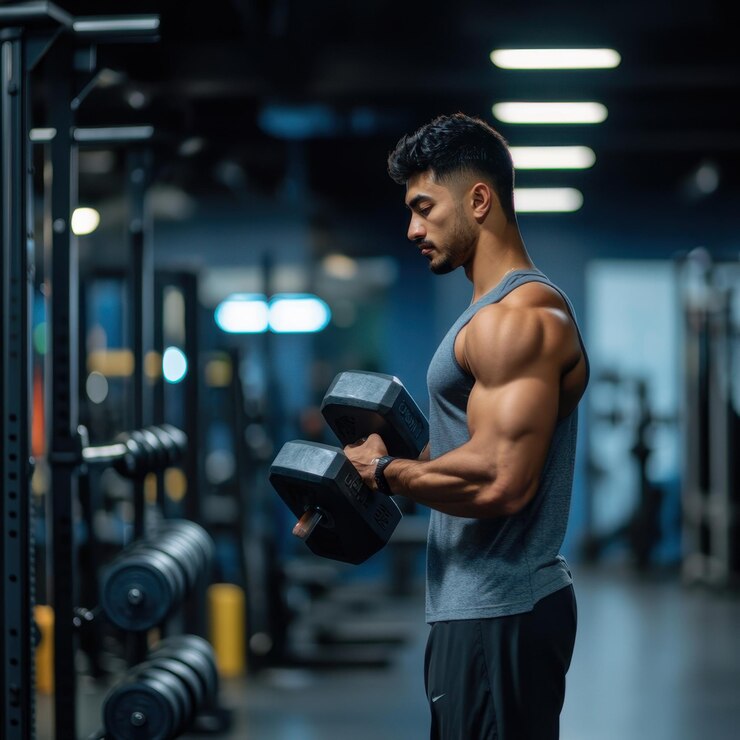 Atleta decidido levantando pesas concentrándose en la forma perfecta durante un intenso entrenamiento en el gimnasio