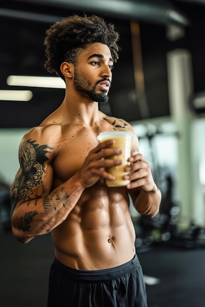 Foto un atleta dedicado se reabastece con un nutritivo batido vegano después de una rigurosa sesión de entrenamiento en