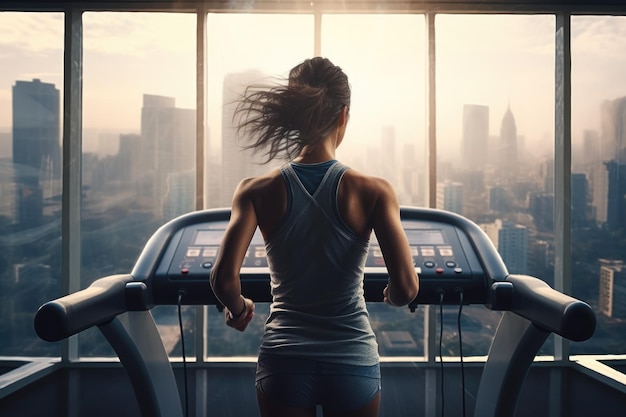 Atleta deportiva en ropa deportiva corre en una cinta de correr Entrenamiento vigoroso de deportista solo en el gimnasio Vista desde la ventana del distrito de negocios de la ciudad retrato posterior