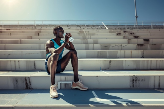 Foto atleta descansando e hidratando nos degraus do estádio