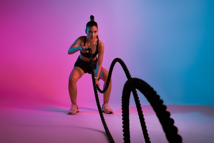 Foto atleta desportivo asiático balançando as cordas como parte do treino de queima de gordura em fitness