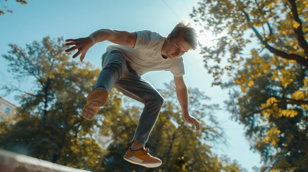 Atleta dinámico de parkour en el entorno urbano