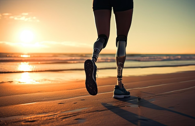 Atleta discapacitada con piernas protésicas corriendo al aire libre en la playa al atardecer