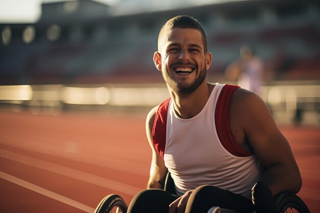 Foto un atleta discapacitado en silla de ruedas adaptada a la pista de atletismo da pasos alegres y sonrientes