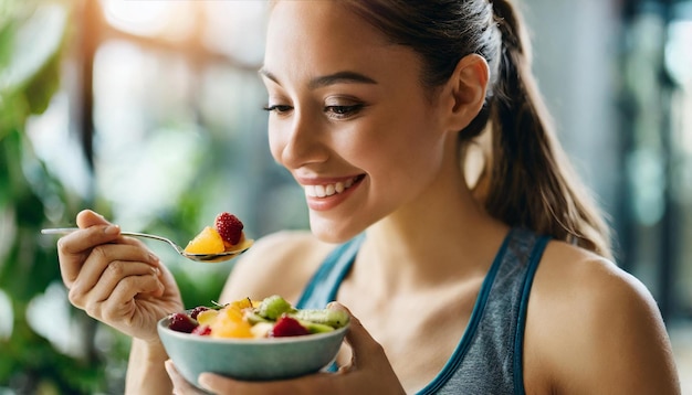 Foto atleta disfruta de una vibrante ensalada de frutas que encarna la salud y el bienestar y la alegría de nutrir a