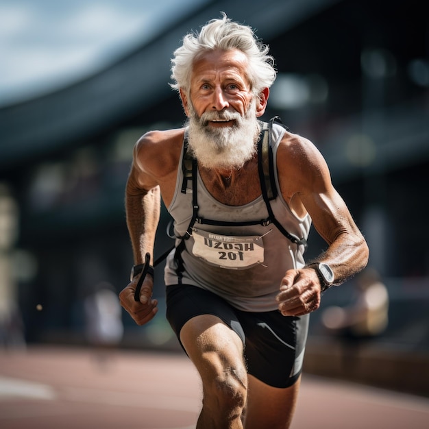 Atleta de edad corriendo en una pista con determinación