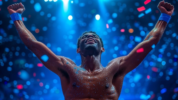 Foto atleta de élite celebrando la victoria en una competencia con los brazos en alto y disfrutando del premio