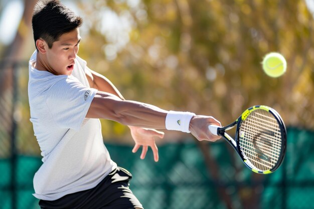 Atleta em midswing batendo um poderoso tiro de forehand