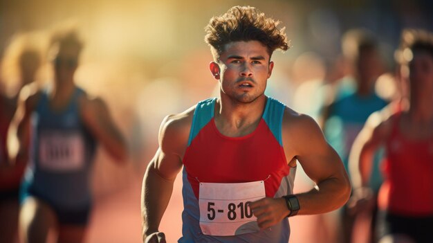 Foto atleta enfocado corriendo por la pista en medio de la carrera con competidores en el fondo