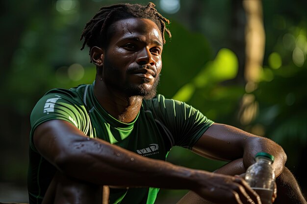 Atleta exausto Economizando água de coco gelada debaixo da árvore IA geradora