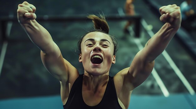 Una atleta en éxtasis celebra su victoria con los brazos levantados en triunfo