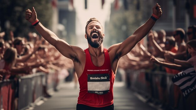 Foto el atleta exultante levantó sus brazos en victoria mostrando con orgullo su actitud impulsiva mientras cruzaban la línea de meta