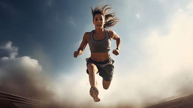 Foto atleta femenina activa corriendo en el aire en una vigorosa sesión de entrenamiento