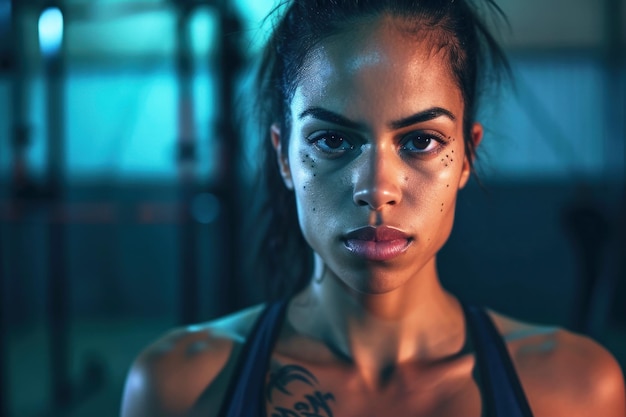 Atleta femenina decidida con mirada enfocada lista para la sesión de entrenamiento nocturno en el gimnasio