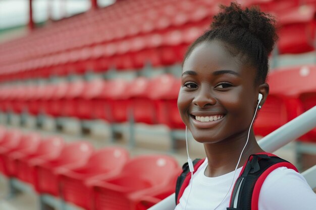 Atleta femenina deportiva durante el entrenamiento de carrera y el jogging mujer afroamericana sonriente mira un reloj inteligente de fitness usa auriculares y teléfono inteligente en el brazalete utilizando gradas y escaleras vacías del estadio