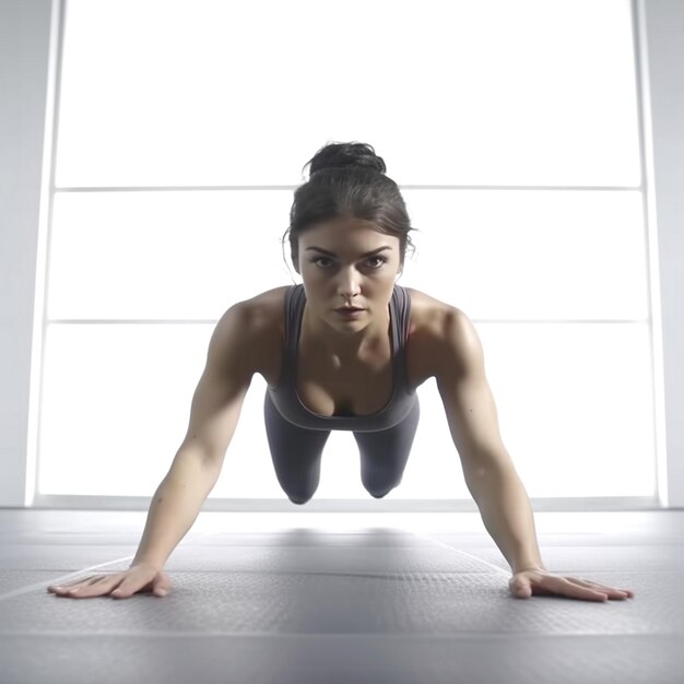 Atleta femenina en forma haciendo flexiones en un piso blanco del estudio