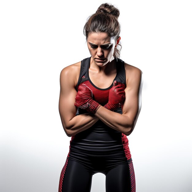 Atleta femenina posando para representar el dolor en el pecho