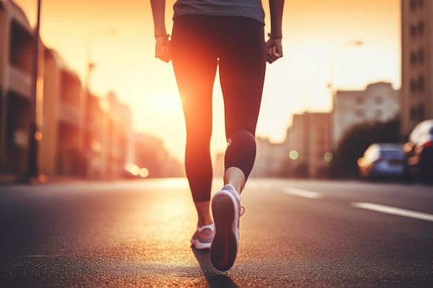 atleta femenina en una postura de inicio de carrera en una calle de la ciudad Ella lleva ropa deportiva apretada y es e