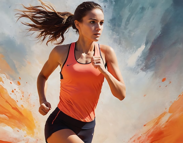 Atleta femenina en ropa deportiva Enérgica joven corredora de maratón Pintura acrílica deportiva