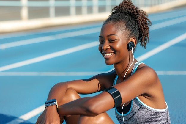 Atleta femenina sonriente mira un reloj inteligente después de correr ejercicio deportivo usa auriculares teléfono inteligente brazalete y toalla mujer afroamericana sentada en la pista olímpica con carriles azules