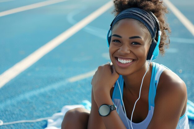 Atleta femenina sonriente mira un reloj inteligente después de correr ejercicio deportivo usa auriculares teléfono inteligente brazalete y toalla mujer afroamericana sentada en la pista olímpica con carriles azules