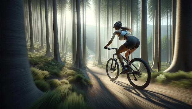 atleta femenina vestida con equipo de ciclismo completo montando una bicicleta de montaña