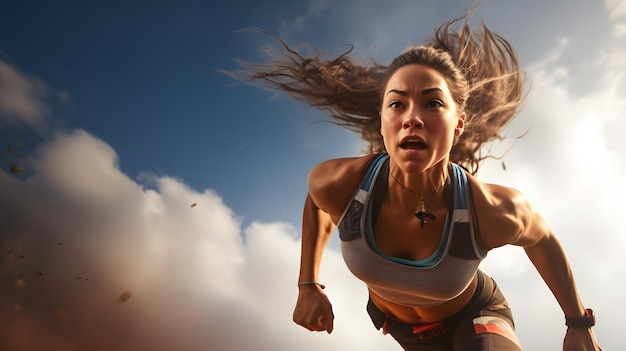 Atleta feminina ativa correndo no ar em uma sessão de treinamento vigorosa