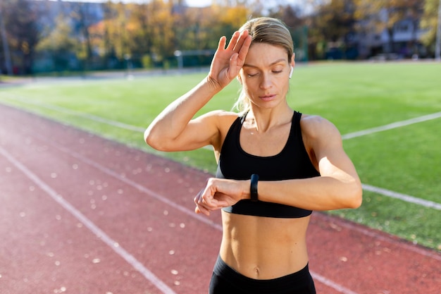 Atleta feminina cansada e chateada, verificando a frequência cardíaca no corredor de pulseira de fitness do relógio inteligente