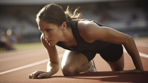 Atleta feminina caucasiana jovem adulta se alongando antes de uma corrida no campo atlético generative ai aig22