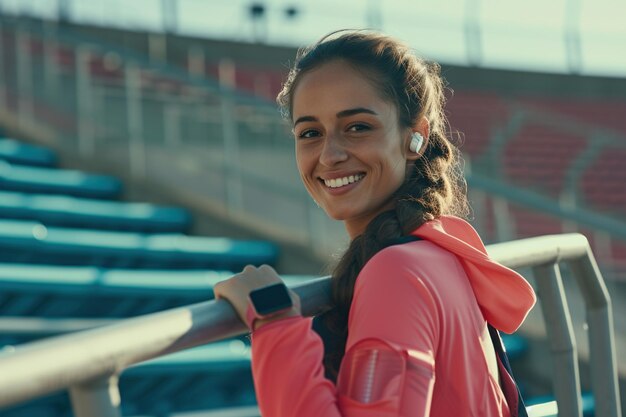 Atleta feminina esportiva durante o treinamento de corrida e corrida sorridente mulher latino-americana olhar um relógio inteligente de fitness usar fones de ouvido e smartphone para braço utilizando estádios vazios e escadas