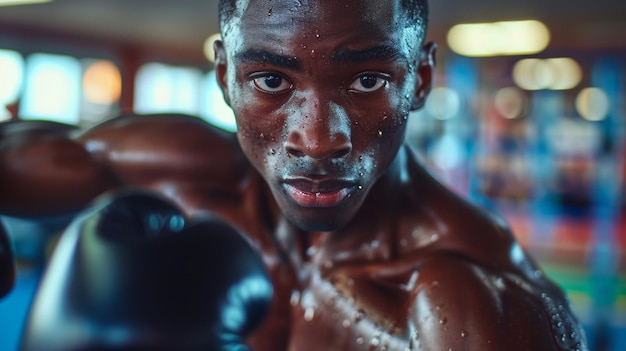 Atleta focado coberto de suor dentro de um ginásio de boxe