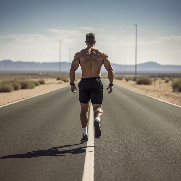 atleta hombre muscular caminando por el camino corriendo detrás de la vista trasera