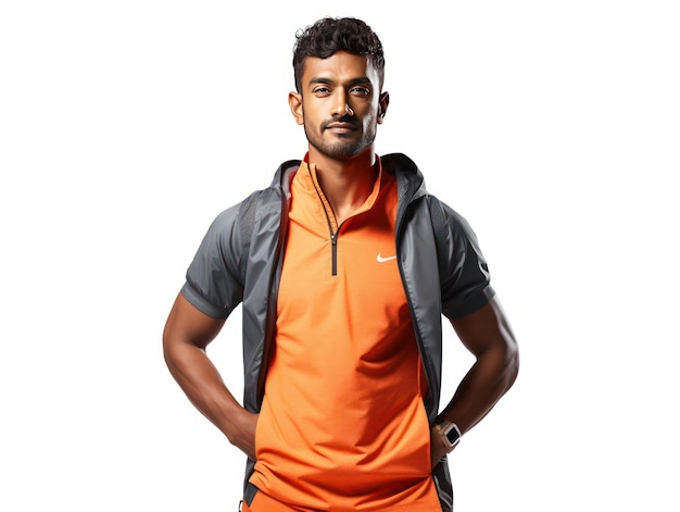 Atleta indiano versátil em roupas esportivas isolado em fundo branco
