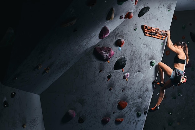 Atleta joven en pantalones cortos y sujetador deportivo haciendo ejercicio en una pared de boulder en el interior.