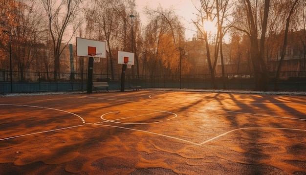 Atleta juega baloncesto en un patio vacío al anochecer generado por IA