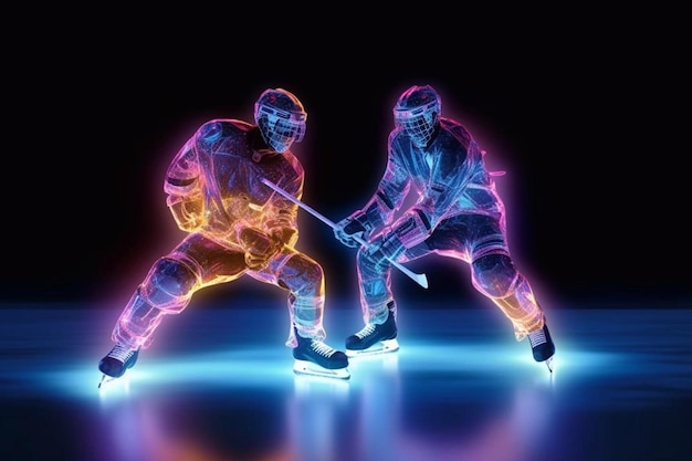 Atleta de jugador de hockey sobre hielo en el casco y guantes en el estadio con palo Tiro de acción Concepto deportivo Apuestas deportivas Apuestas en la aplicación móvil AI generativa