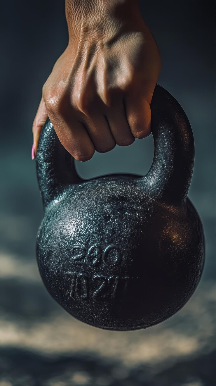 Foto atleta levantando kettlebell pesado durante treinamento de fitness cruzado