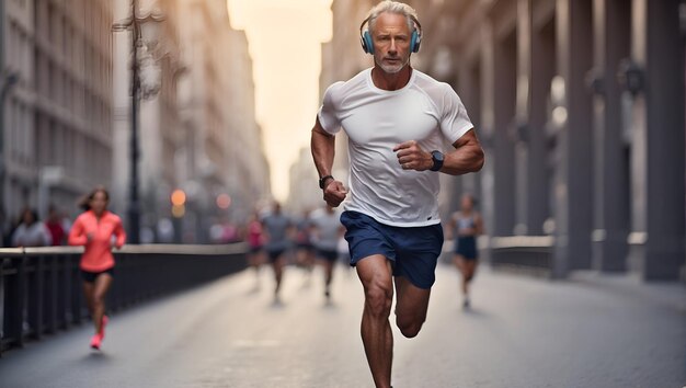 Atleta maduro e correndo na cidade com fones de ouvido para exercícios de fitness ou música de treinamento de maratona